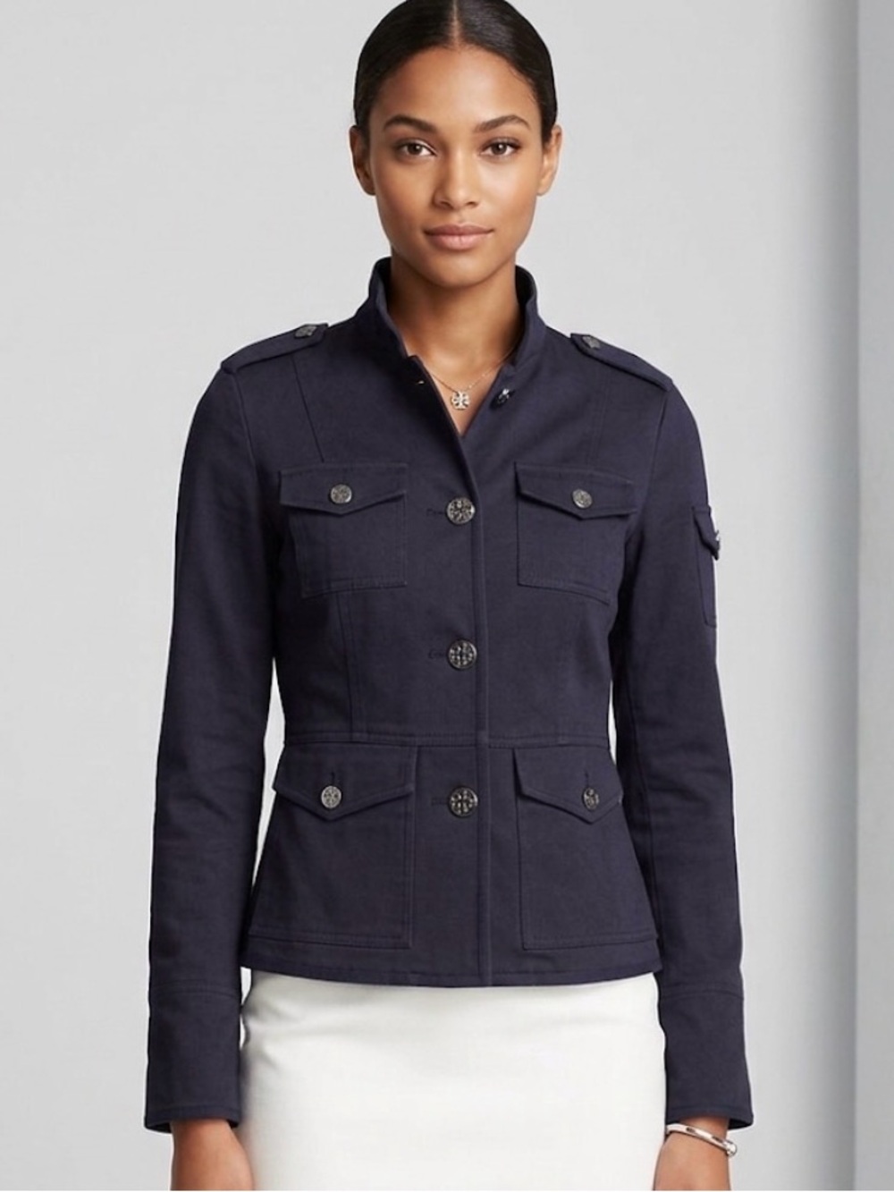 Tory Burch Dark Navy Utility Jacket with Silver Logo Buttons